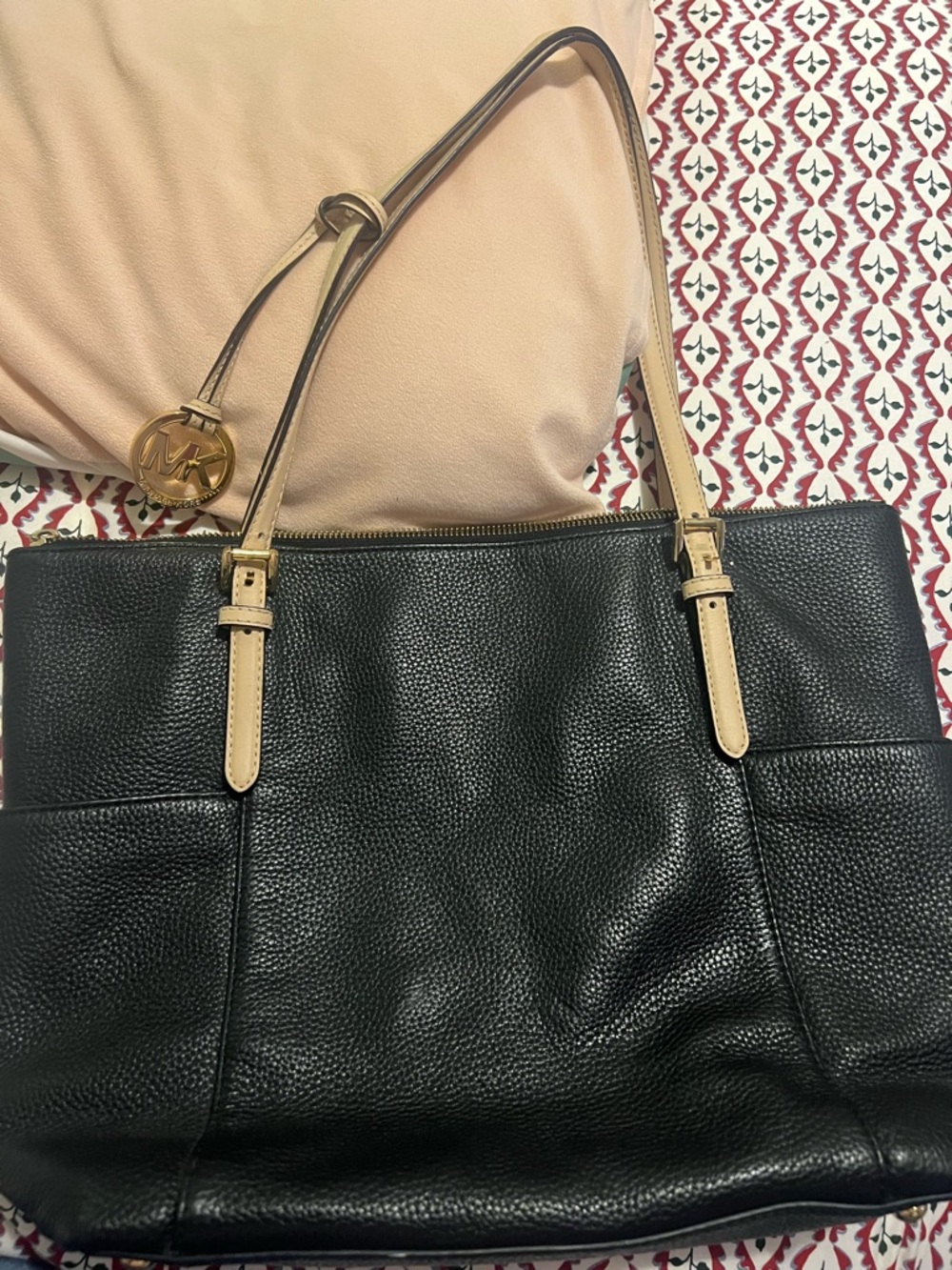 Michael Kors Black Pebbled Leather Tote with Beige Straps